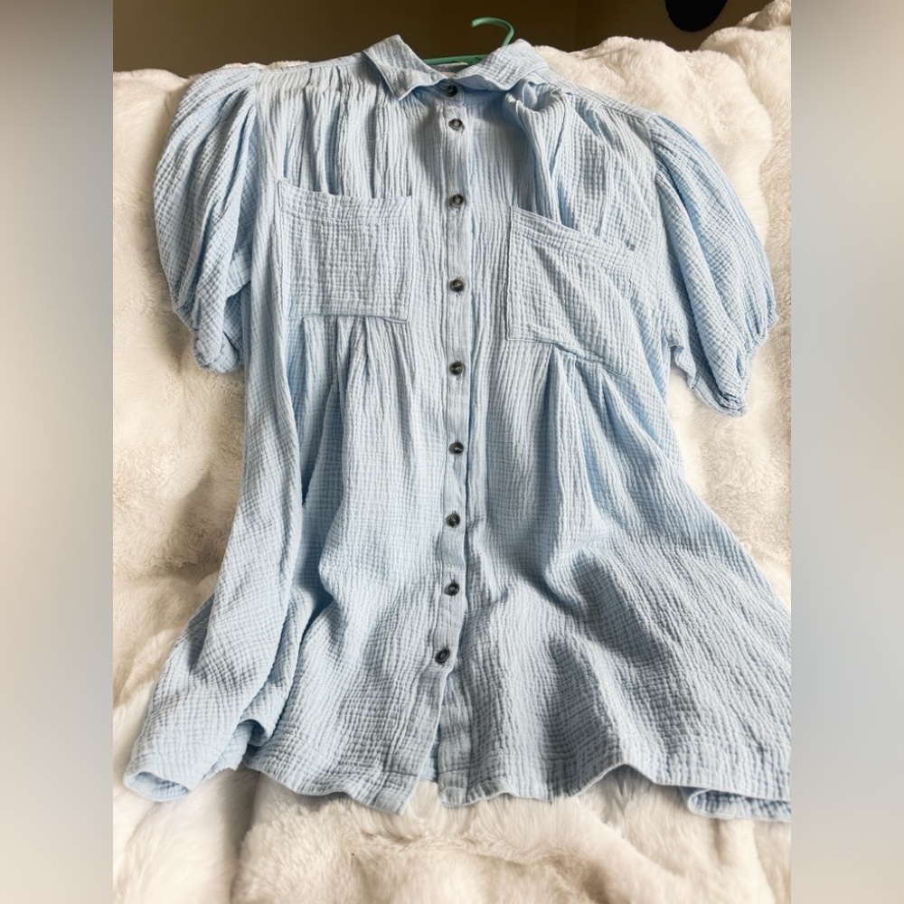 Ces Femme Sky Blue Puff Sleeve Button-Down Dress Size Medium